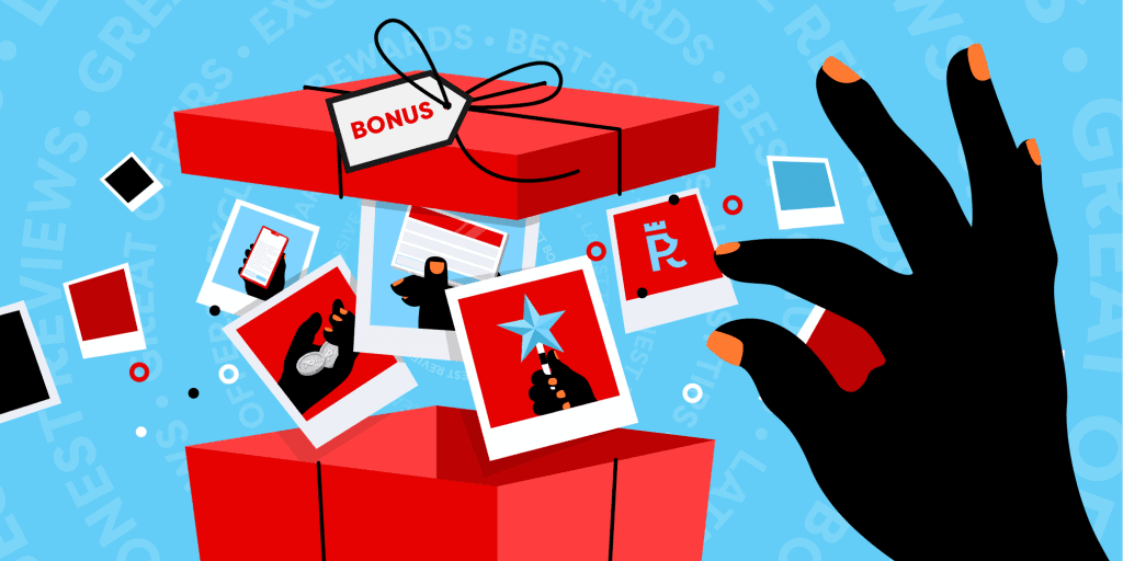 Red present on a blue background with photos explaining what a casino bonus is