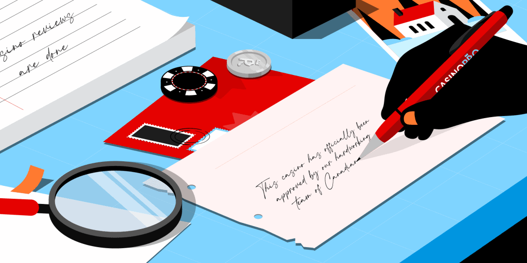 Casino chips, magnifying glass and a note reading: 'This casino has officially been approved by our hardworking team of Canadian...'
