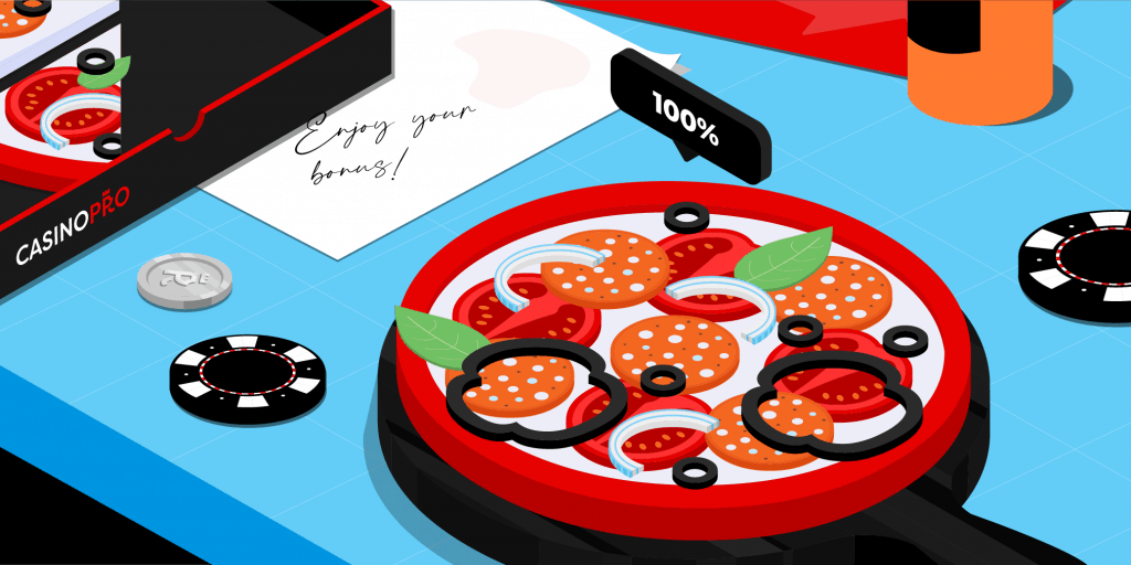 A pizza, casino chips and a note that says 'Enjoy your bonus!'