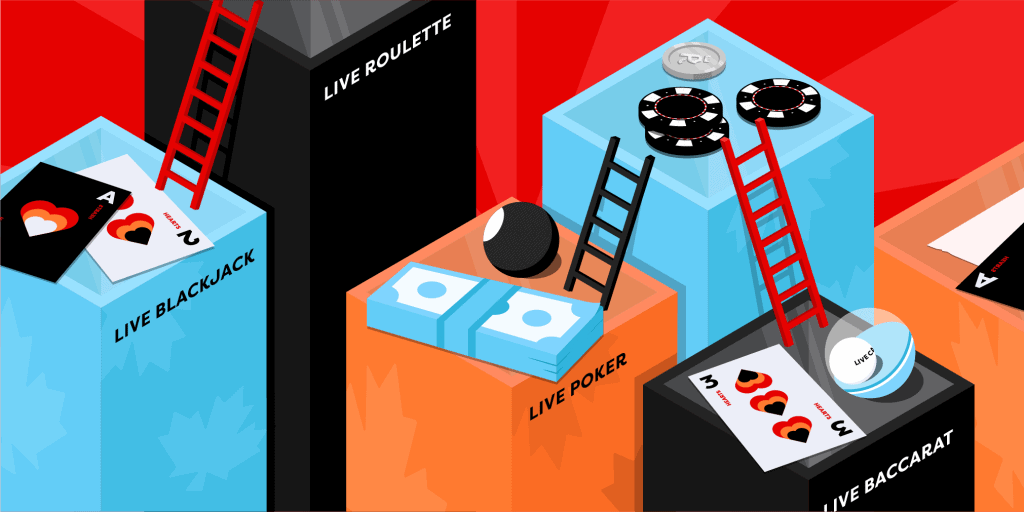 Top Live Casino Games including Blackjack, Roulette, Baccarat and Poker on blocks with casino chips and playing cards.