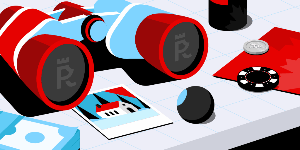 A pair of binoculars with casino chips on a table