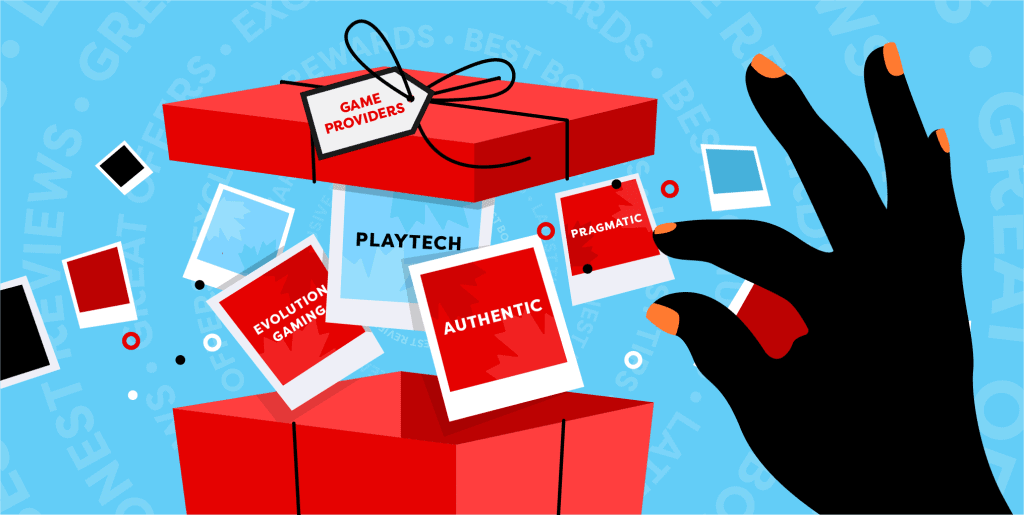 A red present on a blue background showing the best live casino game providers, including Authentic, Evolution Gaming, Playtech and Pragmatic play.
