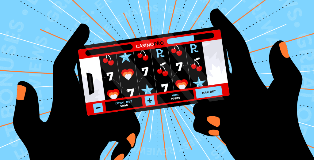 Someone playing a slot game on their phone in landscape mode
