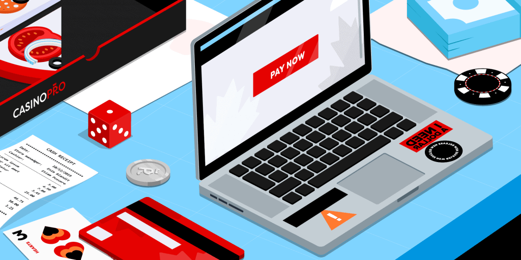 A laptop on a blue table with the screen reading 'Pay Now' along with a casino chip, a dice and a credit card