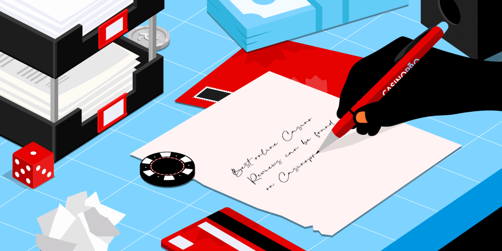 A note being written on a table reading: 'Best online casino reviews can be found on Casinopro'