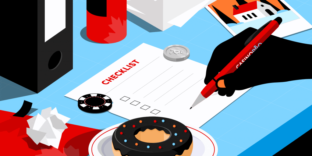 Someone holding a casinopro pen, filling out a checklist on a blue table with casino chips and a donut