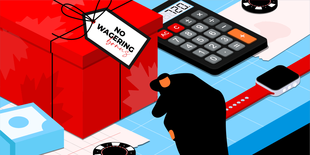 A present on a table with a label reading 'No Wagering Bonus' along with a calculator, a watch and some casino chips