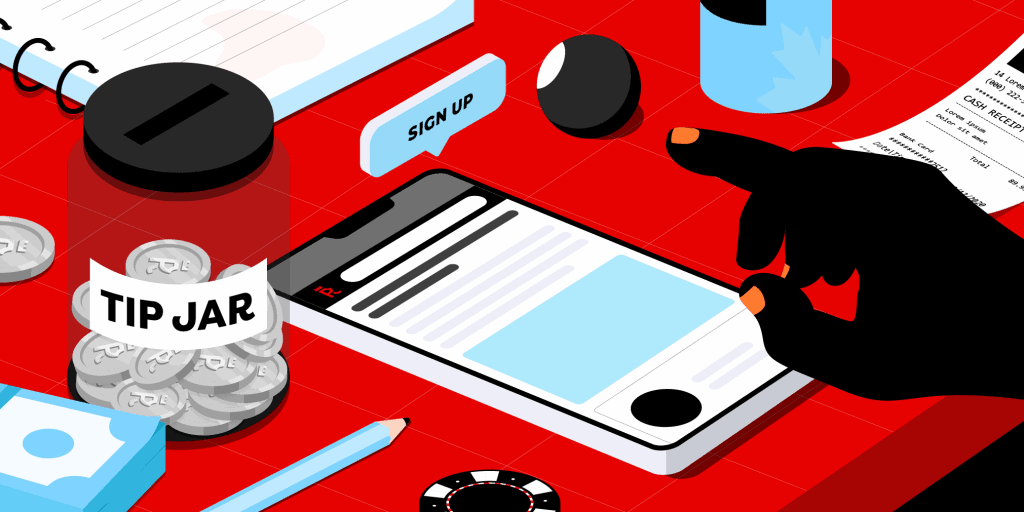 A mobile phone, a tip jar, casino chips and a speech mark reading 'Sign Up' on a red table background