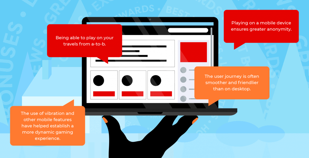 Open laptop on a blue background with speech bubbles explaining advantages of mobile casinos