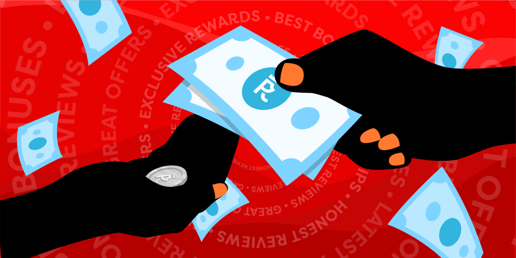 Someone handing someone some change on a red background
