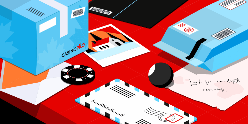 Red table with parcels, letters, casino chips and a note reading: 'Look for in-depth casino reviews'