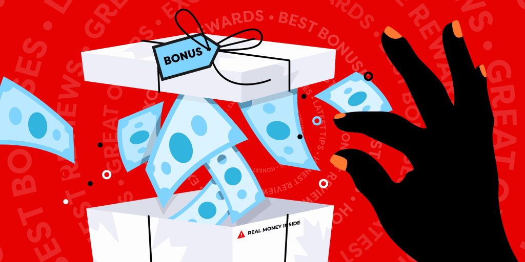 A present labelled 'Bonus' filled with banknotes on a red background