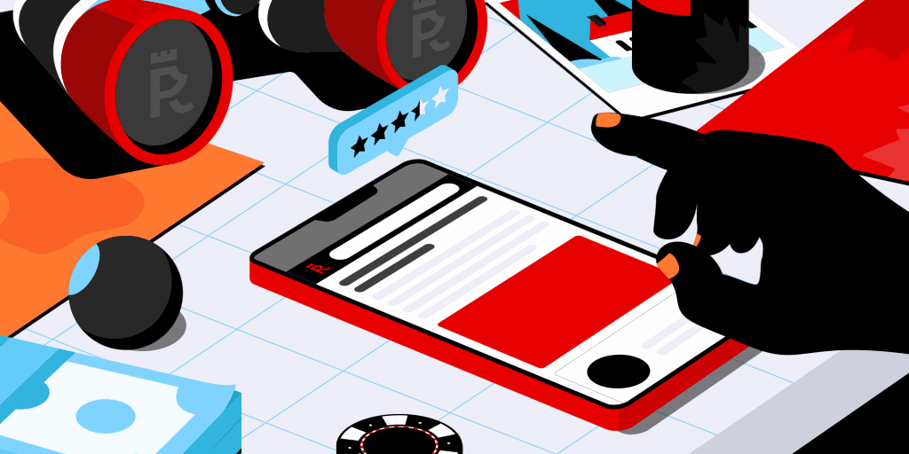 A table with a pair of binoculars, casino chips, a stack of notes and a phone on a casino review page rated 3.5 stars