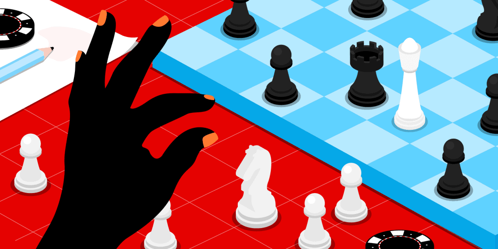 A blue chess board on a red table, surrounded by casino chips